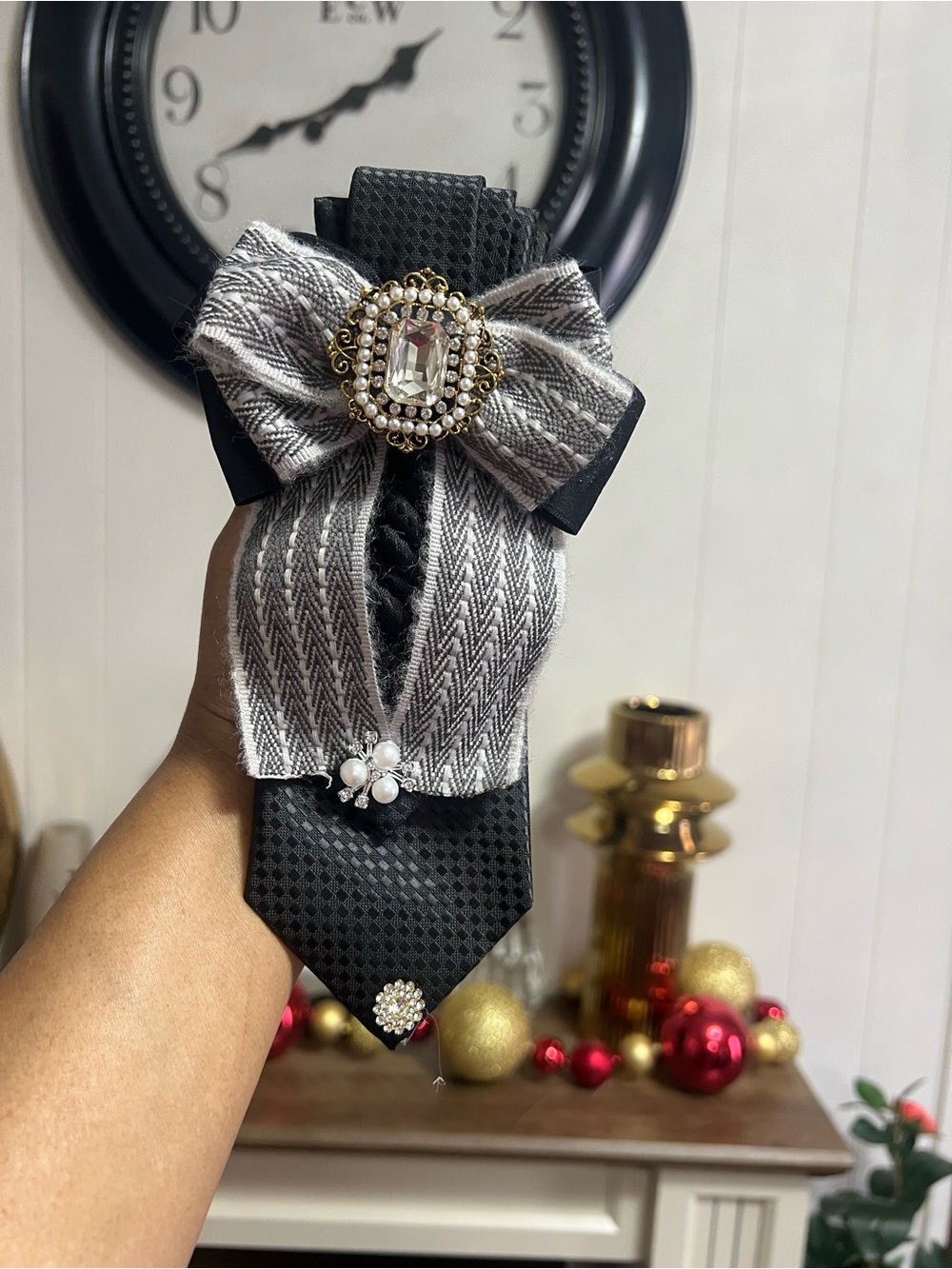 Elegant Gray & Black Bow Tie Accessory with Crystal Brooch